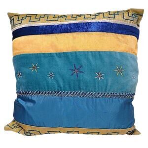 Exotic 18" Pillow Patchwork Embroidery Velvet Chiffon Square Beaded Teal Yellow